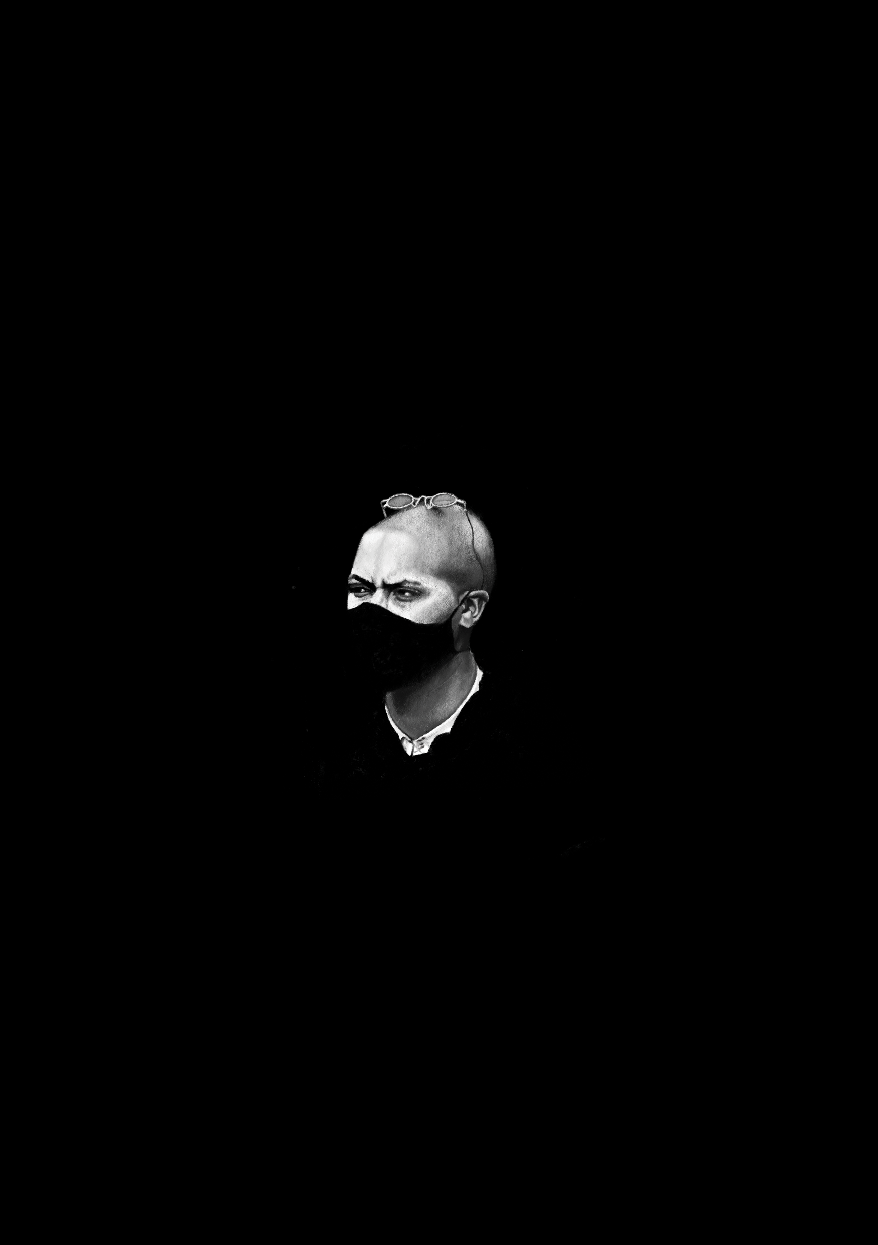 Woman with Mask — Pastel on Black Background