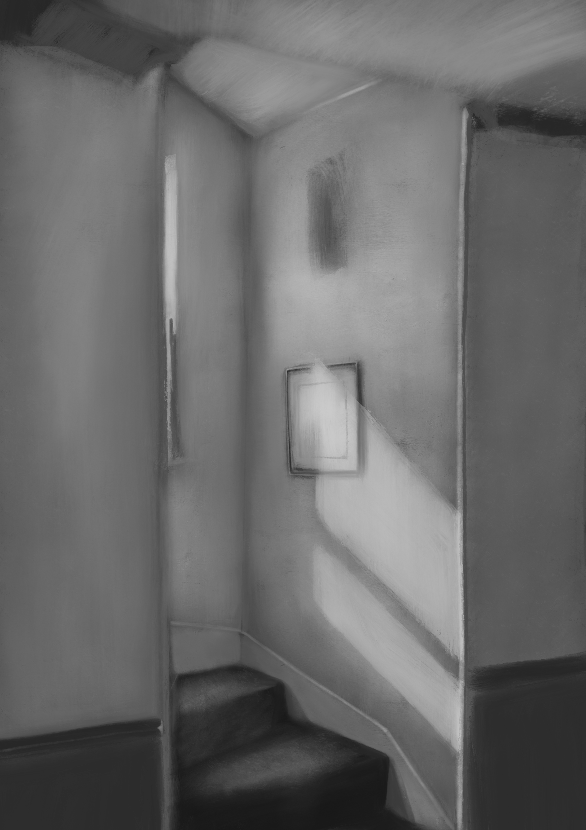 Corner Stairs — Oil, Black and White